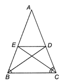 Cho tam giác ABC cân tại A, các đường phân giác BD, CE (D ∈ AC, E ∈ AB). Chứng minh DE // BC.  (ảnh 1)