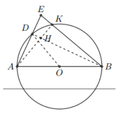 Cho đường tròn (O), đường kính AB, điểm D thuộc đường tròn. Gọi E là điểm  (ảnh 1)