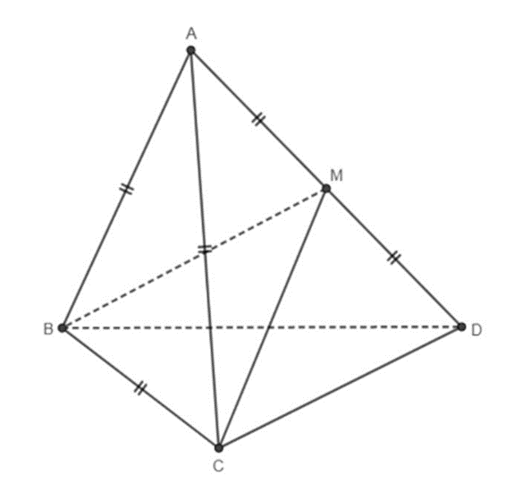 Cho tứ diện ABCD có AB = AC = BC = 2; AD = 4; góc BAD = góc VAD =60 độ (ảnh 1)