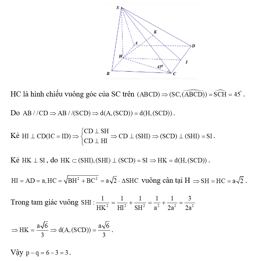 Cho hình chóp S.ABCD có đáy ABCD là hình chữ nhật, AB= 2a, AD = a. Hình chiếu vuông góc (ảnh 1)