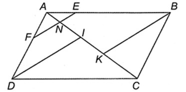 Cho hình bình hành ABCD, điểm E thuộc cạnh AB (E khác A và B), điểm F thuộc cạnh AD (F khác A và D). Đường thẳng qua D song song với EF cắt AC tại I. Đường thẳng qua B song song với EF cắt AC tại K.  a) Chứng minh rằng: AI = CK.  b) Gọi N là giao điểm của EF và AC. Chứng minh rằng:  (ảnh 1)