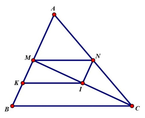 Cho tam giác ABC, có M, N, K, I lần lượt là trung điểm của AB, AC, MB, MC (ảnh 1)