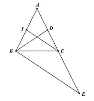 Cho tam giác ABC (AB = AC), trung tuyến BD. Lấy điểm E sao cho C là trung điểm  (ảnh 1)