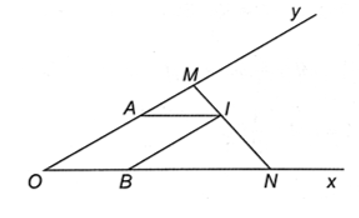 Cho góc xOy nhọn. Trên cạnh Ox lấy điểm N, trên cạnh Oy lấy điểm M. Gọi I là một điểm trên đoạn thẳng MN. Qua I kẻ đường thẳng song song với Ox cắt Oy tại A (A khác M và N) và đường thẳng song song với Oy cắt Ox ở B. Chứng minh rằng:   (ảnh 1)