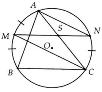 Cho đường tròn (O) có các dây cung AB, BC, CA. Gọi M là điểm chính giữa  (ảnh 1)
