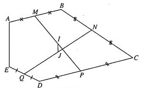 Cho ngũ giác ABCDE. Gọi M, N, P, Q lần lượt là trung điểm các cạnh AB, BC, CD (ảnh 1)