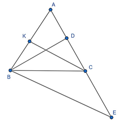 Cho tam giác ABC cân tại A, trung tuyến BD, CK. Lấy điểm E sao cho C là trung điểm (ảnh 1)