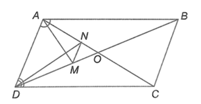Cho hình bình hành ABCD, AC cắt BD tại O. Đường phân giác góc A cắt BD tại M, đường phân giác D cắt AC tại N. Chứng minh MN // AD. (ảnh 1)