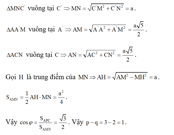 Cho hình lăng trụ đứng ABC.A'B'C' có AB= AC= a, góc BAC= 120 độ. Gọi M, N lần lượt là trung điểm (ảnh 2)