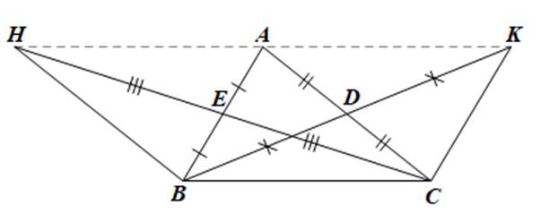 Cho tam giác ABC có các đường trung tuyến BD và CE A là trung điểm của HK (ảnh 1)