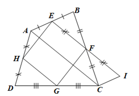 Cho tứ giác ABCD có E, F, G, H lần lượt là trung điểm của AB, BC, CD, DA. Điều kiện  (ảnh 1)