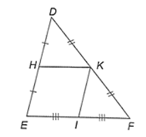 Cho tam giác DEF. Gọi H, K, I lần lượt là các trung điểm của DE, DF và EF. Chứng minh rằng tứ giác HKIE là hình bình hành.  (ảnh 1)