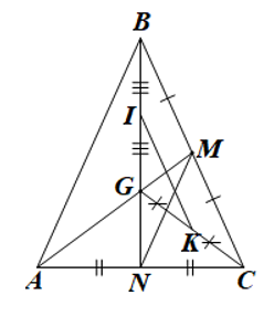 Cho tam giác ABC cân tại B. Hai trung tuyến AM, BN cắt nhau tại G. Gọi I và K lần lượt là trung điểm của GB, GC. Khẳng định nào đúng?  (ảnh 1)