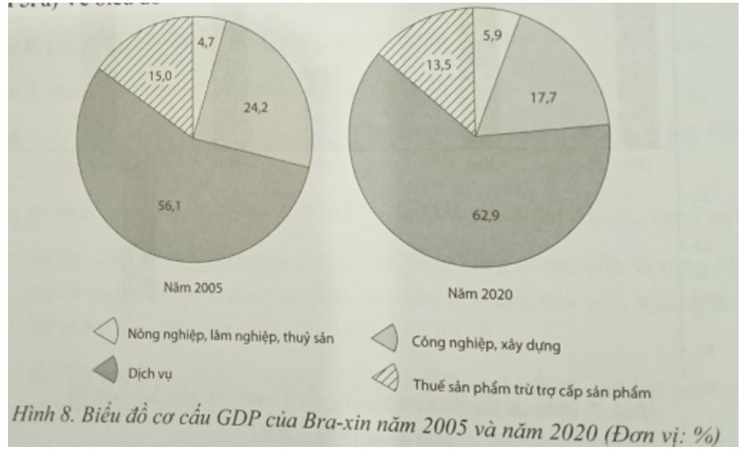 Cho bảng số liệu sau:   a) Vẽ biểu đồ thể hiện cơ cấu GDP của Bra-xin năm 2005 và năm 2020.  b) Rút ra nhận xét. (ảnh 2)
