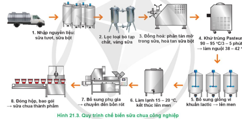 Hãy mô tả quy trình chế biến sữa chua ở quy mô công nghiệp trong Hình 21.3. (ảnh 1)