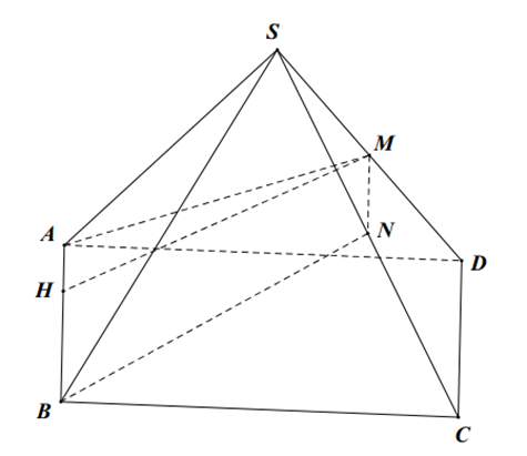 Cho hình chóp S.ABCD có đáy là hình vuông cạnh a, các cạnh bên bằng a căn 2. Gọi M là trung điểm của SD. Tính diện tích thiết diện của hình chóp cắt bởi mặt phẳng (ABM). (ảnh 1)