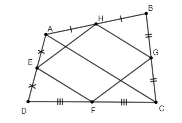 Cho tứ giác ABCD như hình dưới đây: Điểm E là trung điểm của đoạn thẳng  (ảnh 1)