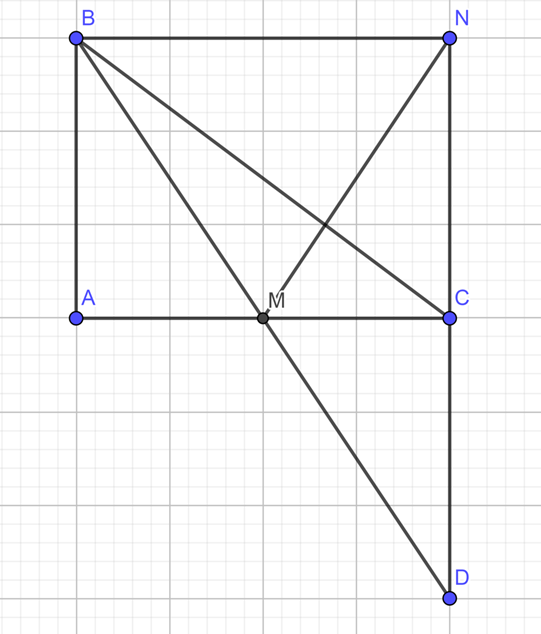 Cho tam giác ABC vuông tại A. Gọi M là trung điểm của AC , trên tia đối của tia MB (ảnh 1)