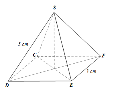 Cho hình chóp tứ giác đều S.CDEF có SD = 5 cm, EF = 3 cm. Tìm độ dài các cạnh còn lại của hình chóp đó. (ảnh 1)