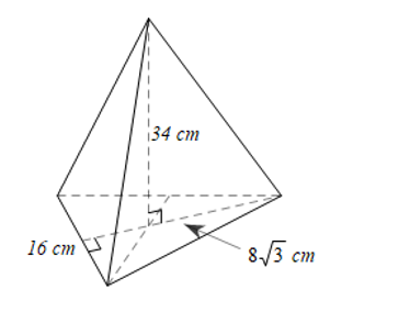 Tính thể tích của hình chóp tam giác đều có chiều cao 34 cm và tam giác đáy có cạnh 16 cm, chiều cao (ảnh 1)