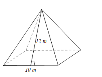 Cho hình chóp tứ giác đều có cạnh đáy bằng 10 m và chiều cao của mặt bên xuất phát từ đỉnh của hình chóp  (ảnh 1)