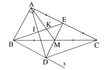 Cho tam giác ABC vuông tại A, AB = 4 cm, AC = 8 cm. Gọi E là trung điểm của AC, M là trung điểm của BC. a) Tính EM. b) Vẽ tia Bx song song với AC sao cho Bx cắt EM tại D. Chứng minh tứ giác ABDE là hình vuông. c) Gọi I là giao điểm của BE và AD, K là giao điểm của BE và AM. Chứng minh tứ giác BDCE là hình bình hành và DC= 6KI. (ảnh 1)