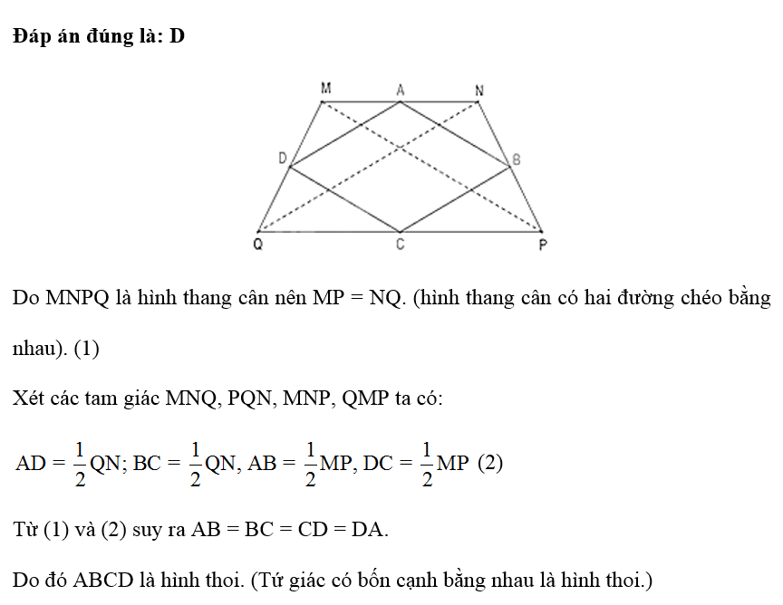 Cho hình thang cân MNPQ. Gọi A, B, C, D lần lượt là các điểm thuộc các cạnh MN, NP, PQ, QM và (ảnh 1)