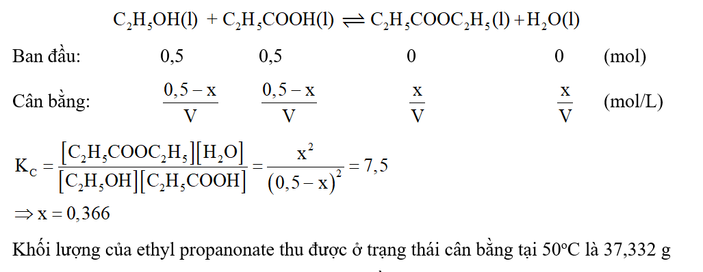 Ethanol và propanoic acid phản ứng với nhau tạo thành ethyl propanoate theo phản ứng hoá học sau: (ảnh 1)
