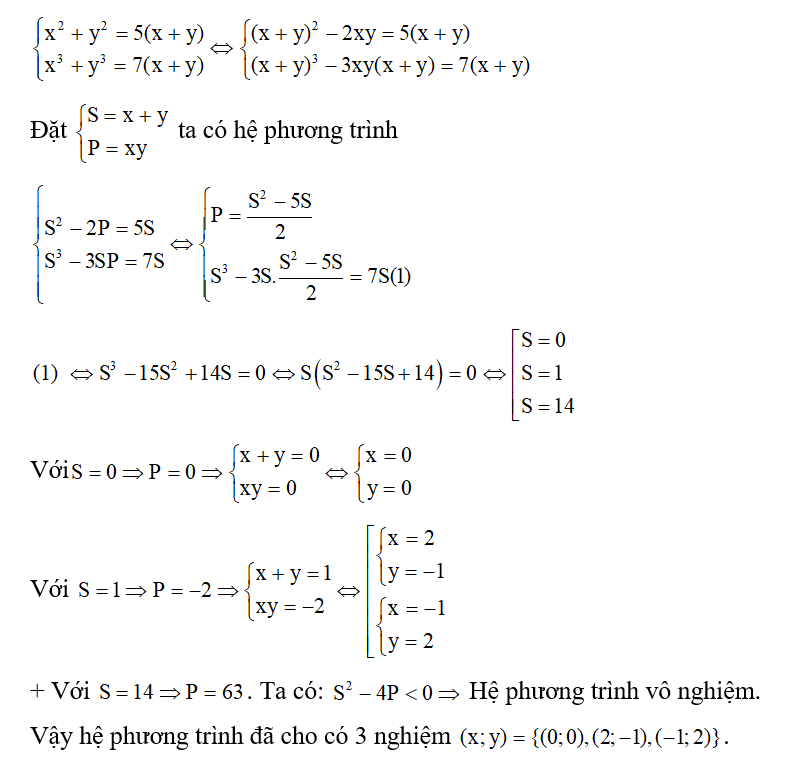 Số nghiệm của hệ phương trình x^2+ y^2 = 5 (x+y) và x^3 + y^3 = 7 (x+y) là (ảnh 1)