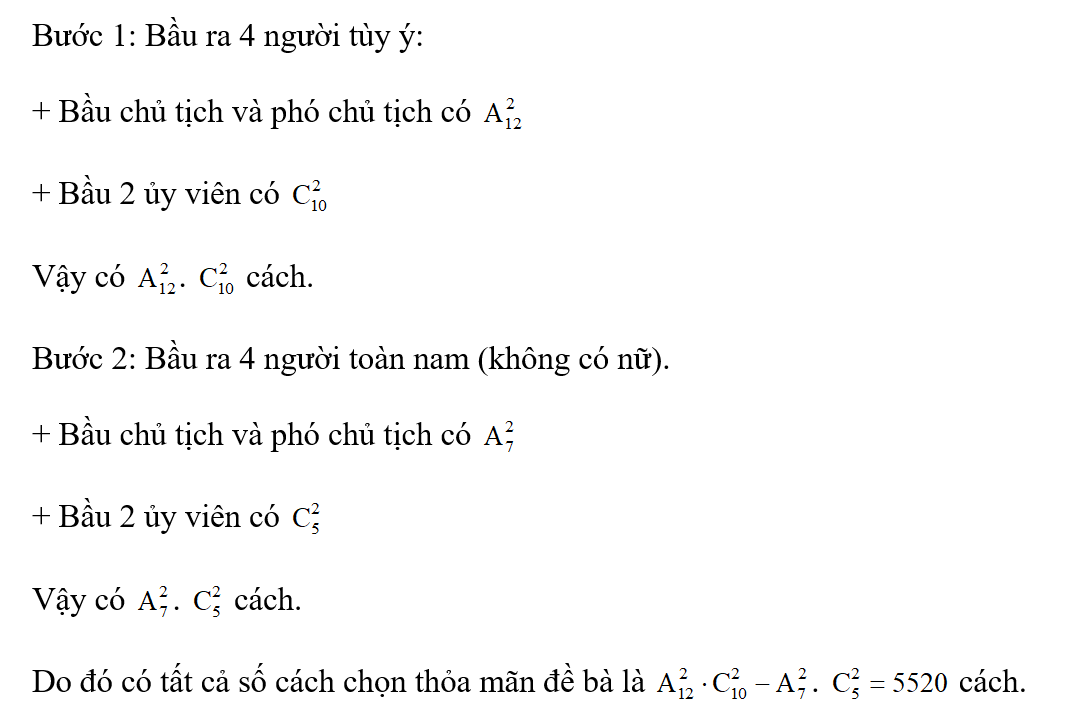 Một hội đồng quản trị của một công ty gồm 12 người trong đó có 5 nữ. Từ hội đồng quản trị đó cần (ảnh 1)