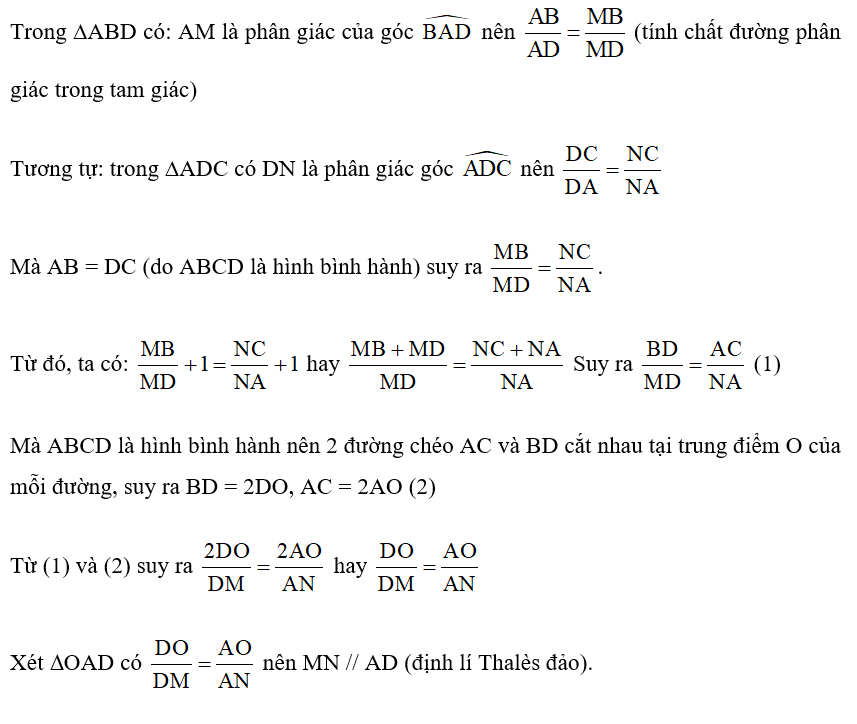 Cho hình bình hành ABCD, AC cắt BD tại O. Đường phân giác góc A cắt BD tại M, đường phân giác D cắt AC tại N. Chứng minh MN // AD. (ảnh 2)