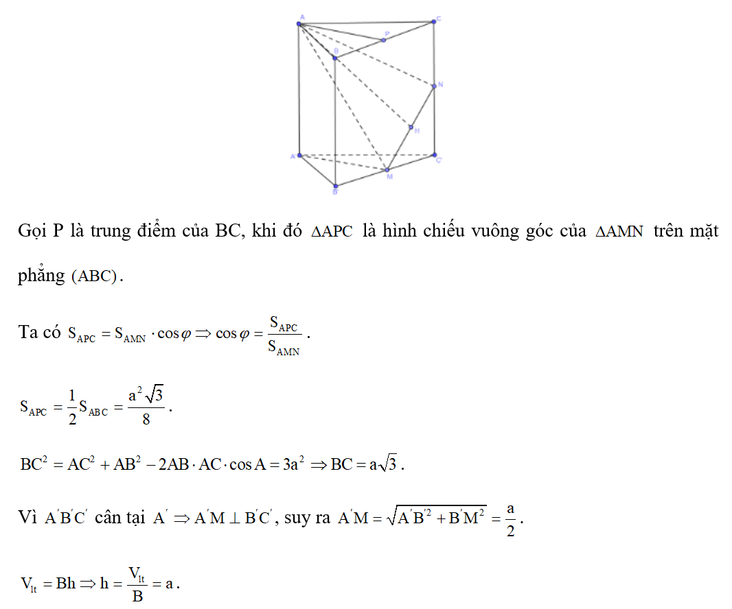 Cho hình lăng trụ đứng ABC.A'B'C' có AB= AC= a, góc BAC= 120 độ. Gọi M, N lần lượt là trung điểm (ảnh 1)