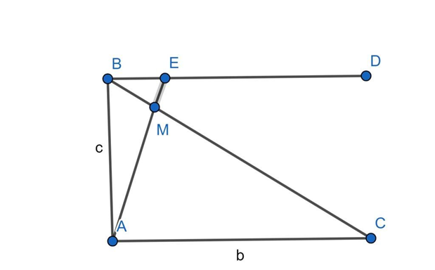 Cho tam giác ABC vuông tại A, AC = b, AB = c. Lấy điểm M trên cạnh BC sao cho  (ảnh 1)