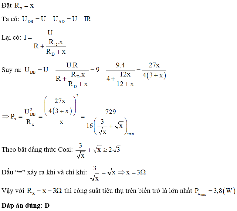 Cho mạch điện như hình vẽ. Biết R =4 ôm , đèn Đ ghi 6V - 3W, UAB = 9V không đổi, Rx  là biến trở. Điện trở của đèn không đổi. Xác định giá trị của Rx để công suất tiêu thụ trên biến trở là lớn nhất, tính công suất đó. (ảnh 2)