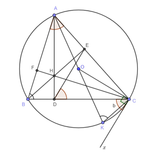 Cho tam giác ABC (AB < AC) có ba góc nhọn nội tiếp trong đường tròn tâm O (ảnh 1)