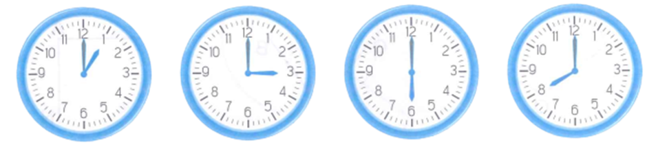 Quan sát các mặt đồng hồ sau và cho biết trong các đồng hồ đó, khi nào kim giờ và kim phút tạo thành góc nhọn, góc vuông, góc tù và góc bẹt. (ảnh 1)