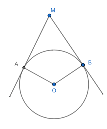 Cho đường tròn (O) và điểm M nằm ngoài đường tròn. Qua M kẻ các tiếp tuyến MA, MB  (ảnh 1)