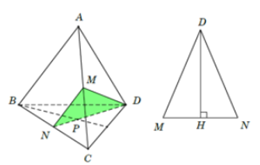 Cho tứ diện đều ABCD có độ dài các cạnh bằng 2a. Gọi M, N lần lượt là trung điểm các cạnh AC, BC; P là trọng tâm tam giác BCD. Mặt phẳng MNP cắt tứ diện theo một thiết diện có diện tích là: (ảnh 1)
