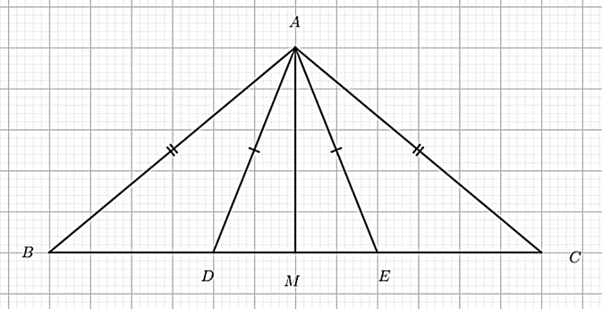 Cho tam giác ABC có AB = AC. Lấy hai điểm D, E thuộc cạnh BC sao cho BD = DE = EC (ảnh 1)