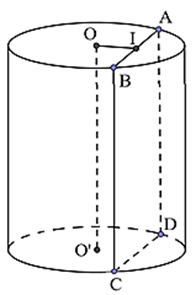 Cho khối trụ có chiều cao h = 8, bán kính đường tròn đáy bằng 6, cắt khối trụ bởi  (ảnh 1)