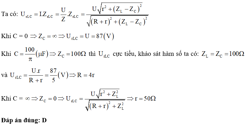 Mạch điện gồm R, L và C theo thứ tự nối tiếp, cuộn dây có điện trở r. Đặt vào hai đầu đoạn mạch một điện áp xoay chiều có giá trị hiệu dụng không đổi, tần số f = 50 Hz. Cho điện dung C thay đổi người ta thu được đồ thị liên hệ giữa điện áp hiệu dụng hai đầu mạch chứa cuộn dây và tụ điện UrLC với điện dung C của tụ điện như hình vẽ bên. Điện trở r có giá trị bằng (ảnh 2)