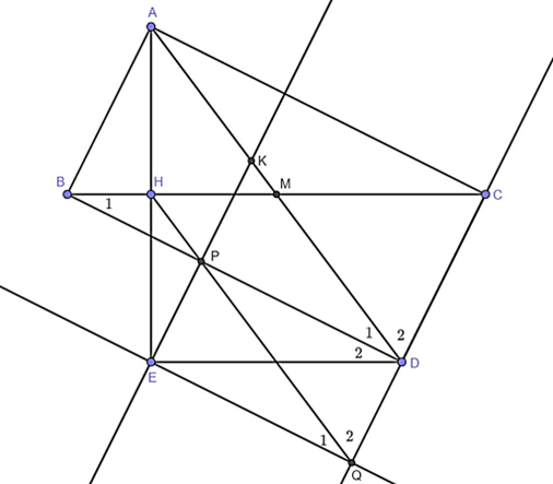 Cho tm giác ABC vuông tại A (AB < AC), đường cao AH. Gọi M là trung điểm của BC (ảnh 1)