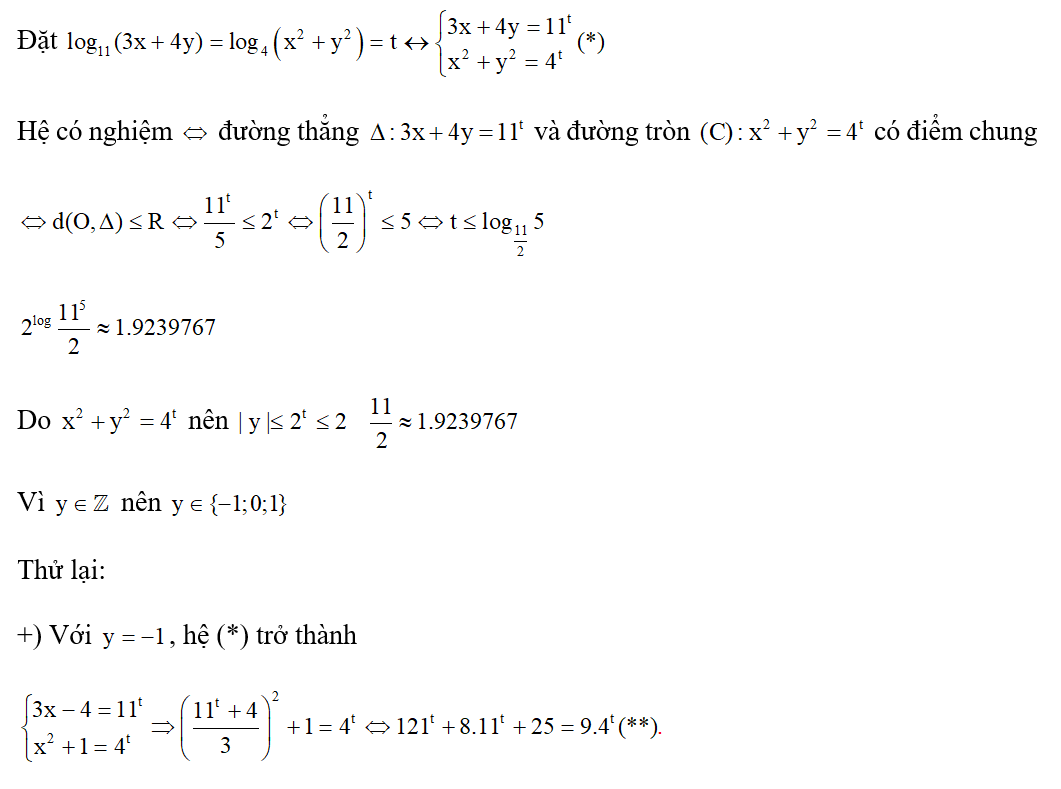 Có bao nhiêu số nguyên y để tồn tại số thực x thỏa mãn log 11 (3x+ 4y) = log 4 (x^2+ y^2) ? (ảnh 1)