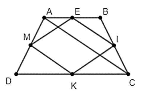 Cho hình thang cân ABCD (AB//CD) điểm E là trung điểm của AB. Gọi I, K, M lần lượt  (ảnh 1)