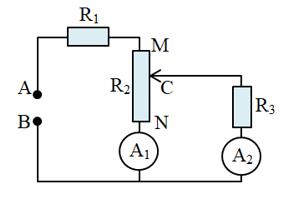 Cho mạch điện như hình vẽ, biết U = 3,6 V, không đổi. R1 = 4 ôm, R2 = RMN  là biến trở con chạy. Bỏ qua điện trở của các ampe kế và dây nối. Đặt con chạy C ở vị trí   Ampe kế A1 chỉ 54 mA, ampe kế A2 chỉ 18 mA. a. Tính   và RCN. b. tính công suất tiêu thụ trên toàn biến trở R2. (ảnh 1)