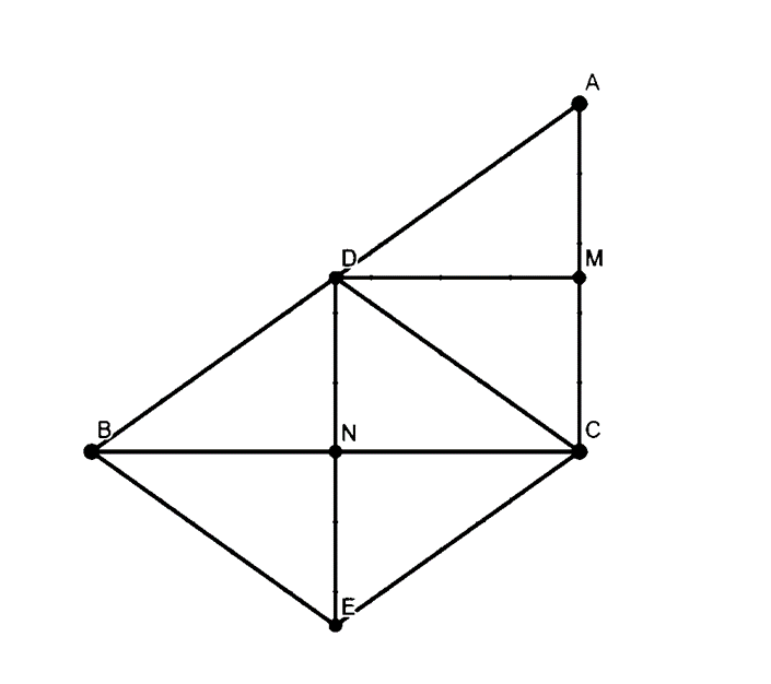 Cho tam giác ABC vuông tại C. Gọi D là trung điểm của AB. Kẻ DM vuông góc  (ảnh 1)