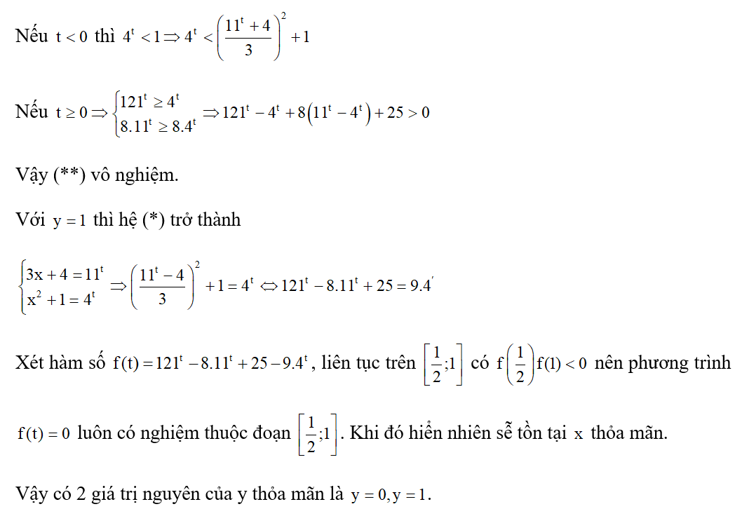 Có bao nhiêu số nguyên y để tồn tại số thực x thỏa mãn log 11 (3x+ 4y) = log 4 (x^2+ y^2) ? (ảnh 2)