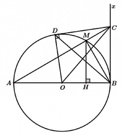 Cho đường tròn (O;R) đường kính AB. Vẽ tiếp tuyến Bx của (O). Trên cùng 1 nửa mặt (ảnh 1)