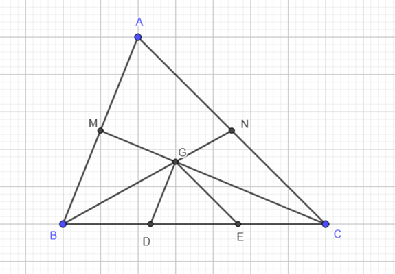Gọi G là trọng tâm của tam giac ABC. Từ G kẻ các đường thẳng song song với hai (ảnh 1)