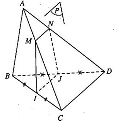 Cho tứ diện ABCD. Gọi I, J lần lượt là trung điểm của BC, BD. (P) là mp qua IJ (ảnh 1)